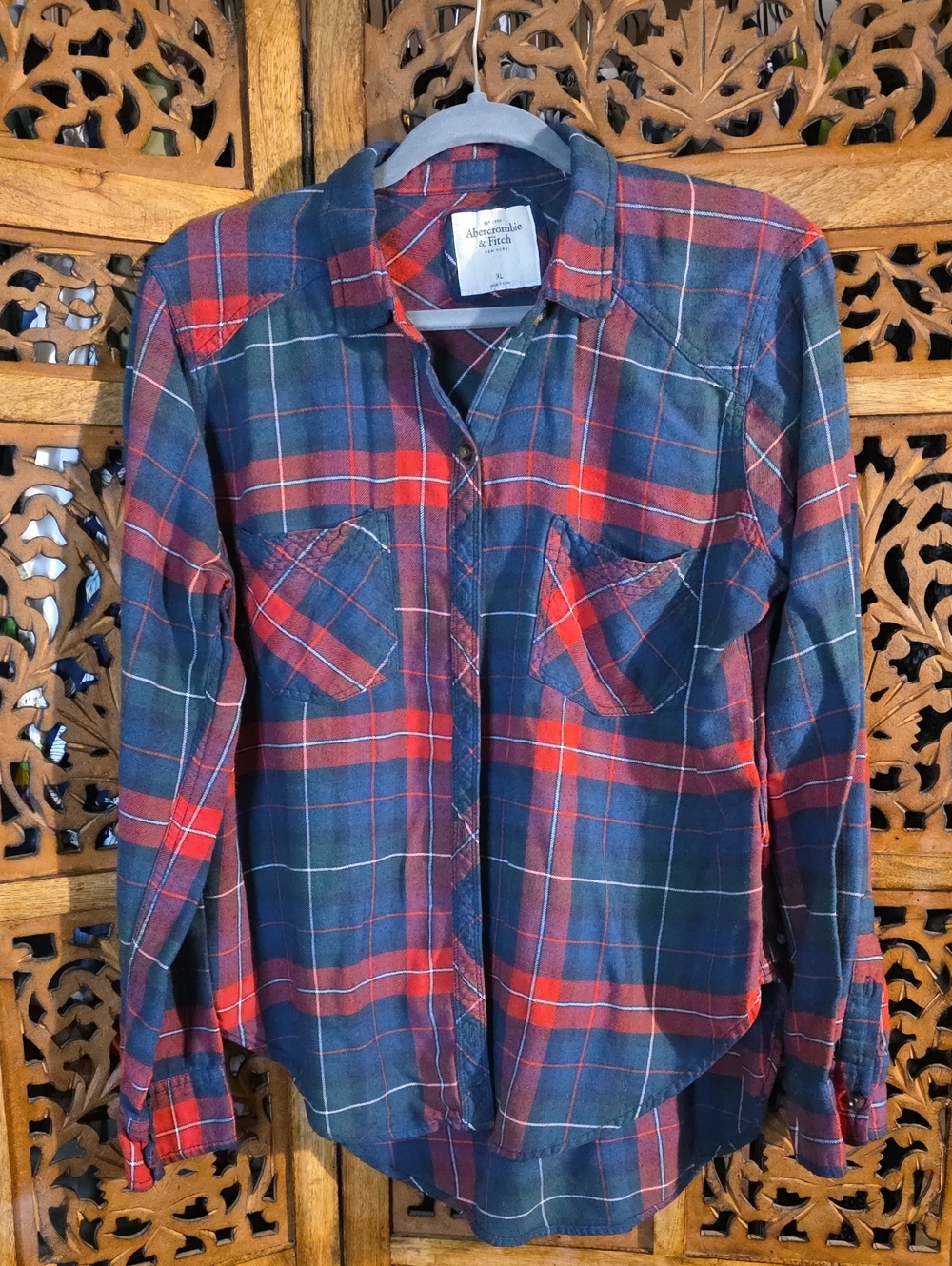 Abercrombie & Fitch Red and Navy Plaid Flannel Button-Down
